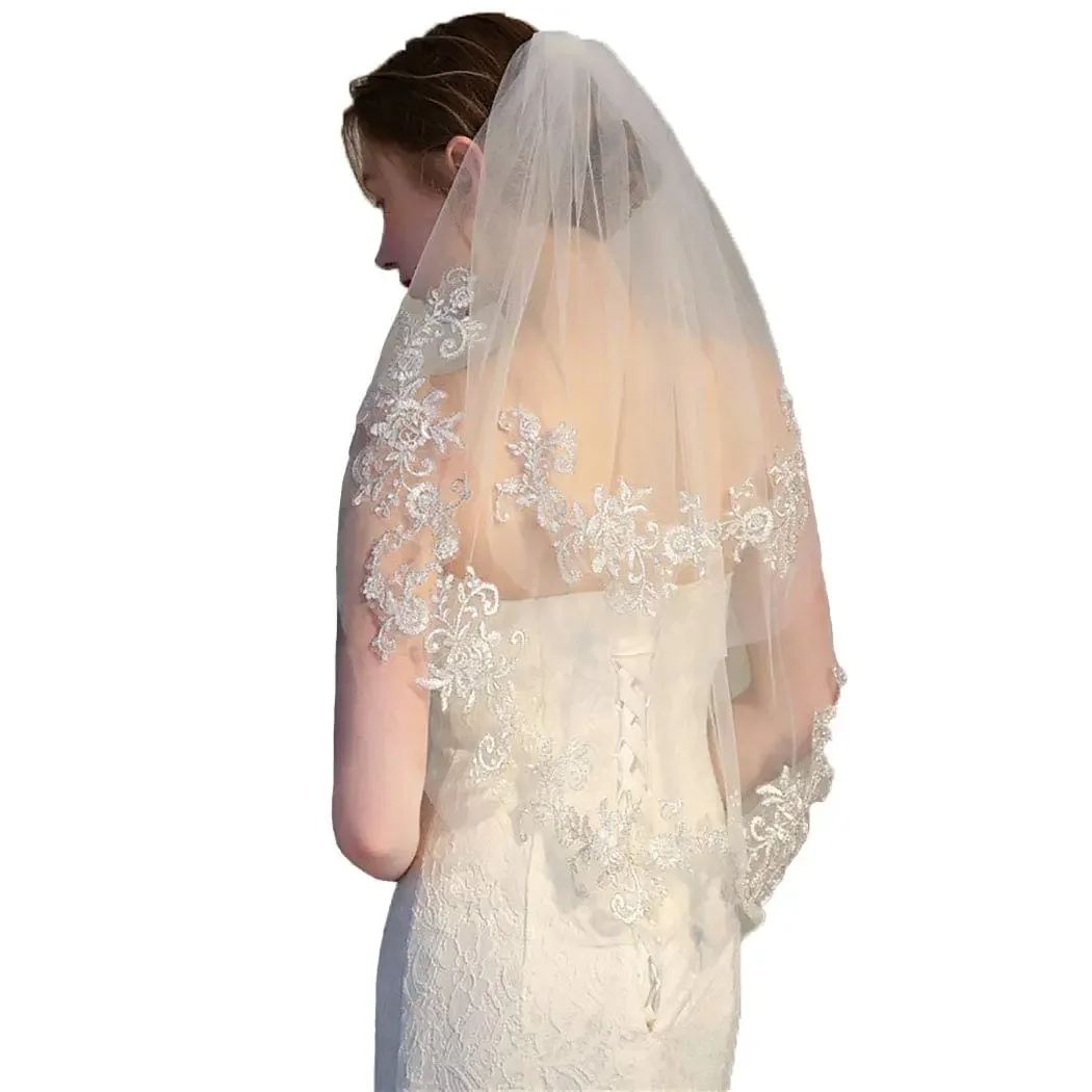 Women's White Lace Short Wedding Bridal Veil With Comb 2 Tier