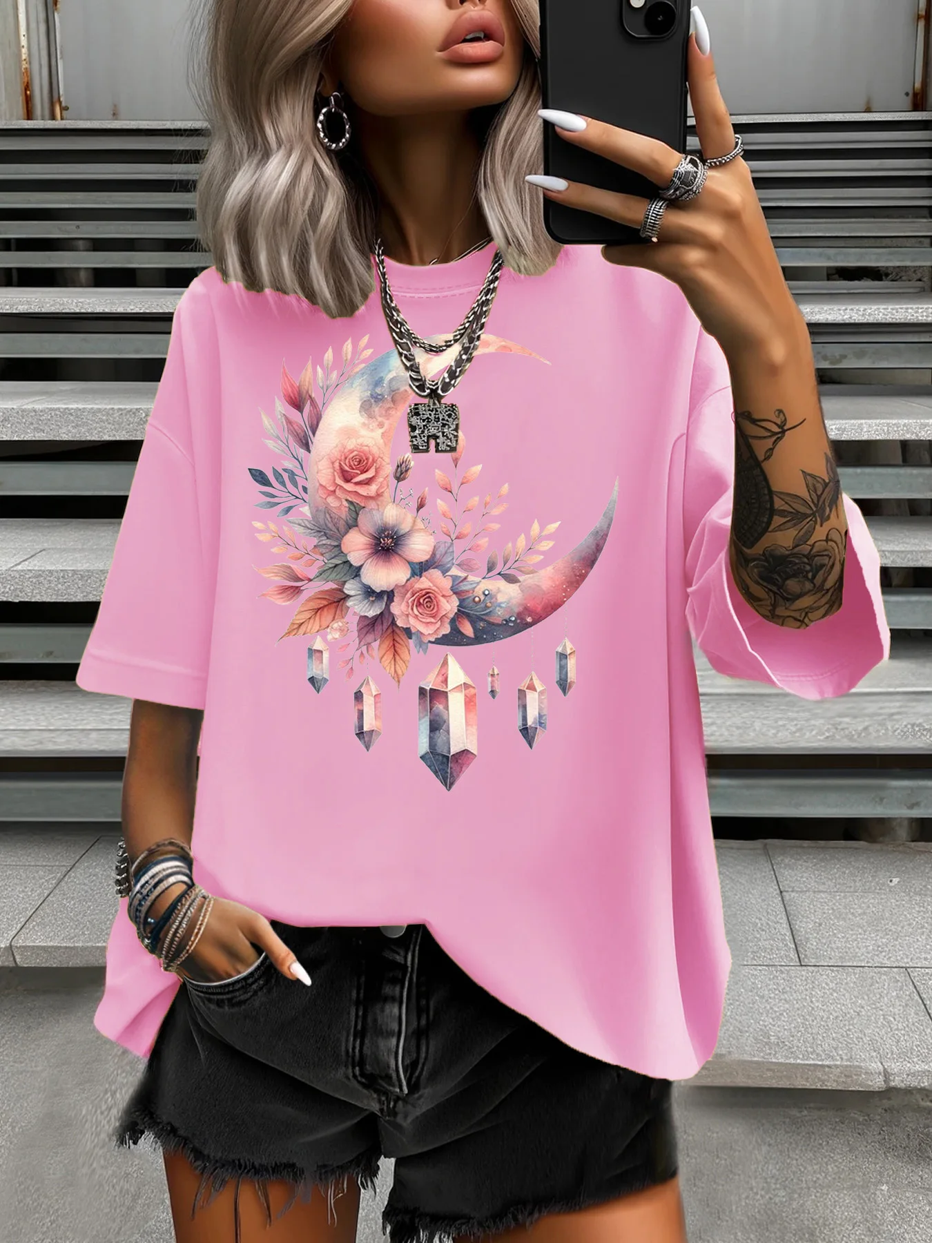 Letnia moda damska w dużych rozmiarach T-shirt Oryginalny wzór Kolorowy kwiat Księżyc Damski casualowy top z krótkim rękawem i okrągłym dekoltem