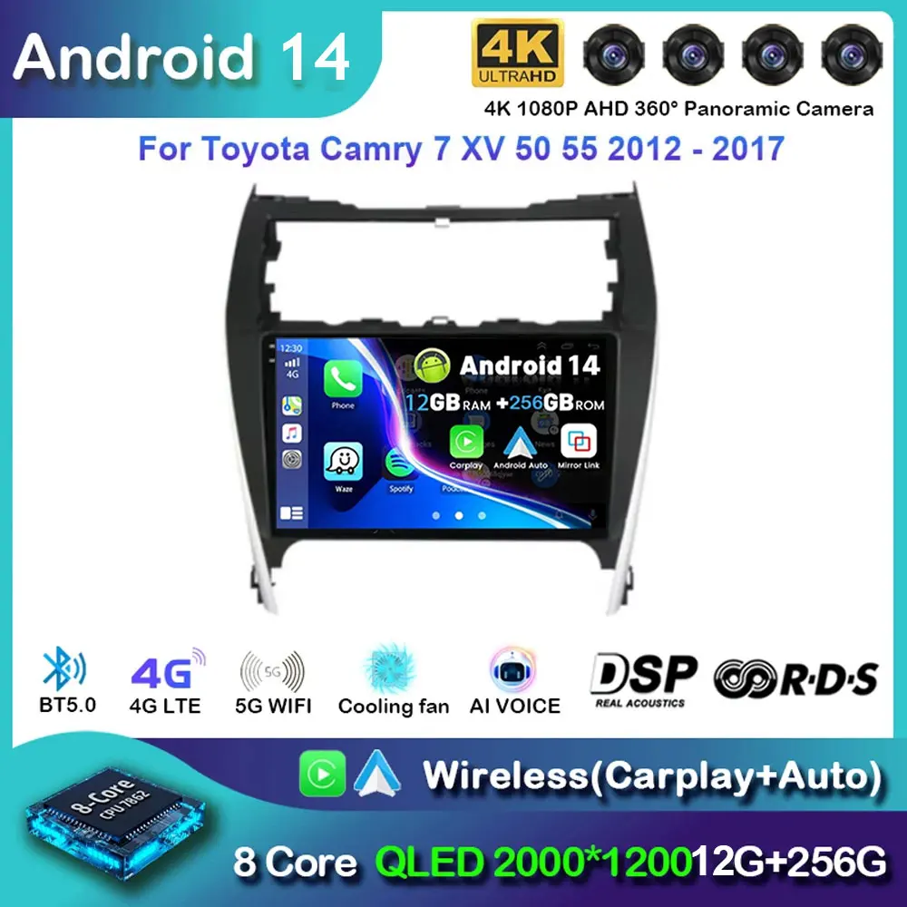 

Android 14 Car Radio Android Auto For Toyota Camry 7 XV 50 55 US Version 2012-2017 Carplay Multimedia Player Stereo 48EQ GPS DSP