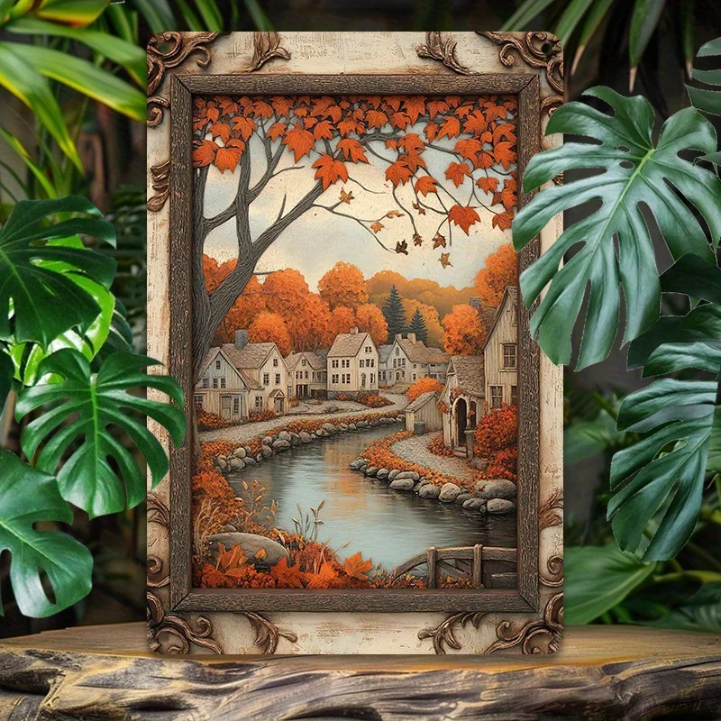 Vintage Autumn Town Scenery Aluminum Wall Art, Metal Tin Sign for Home, Gym, Yacht Decor | Easy Install, Durable, Fade-Resistant