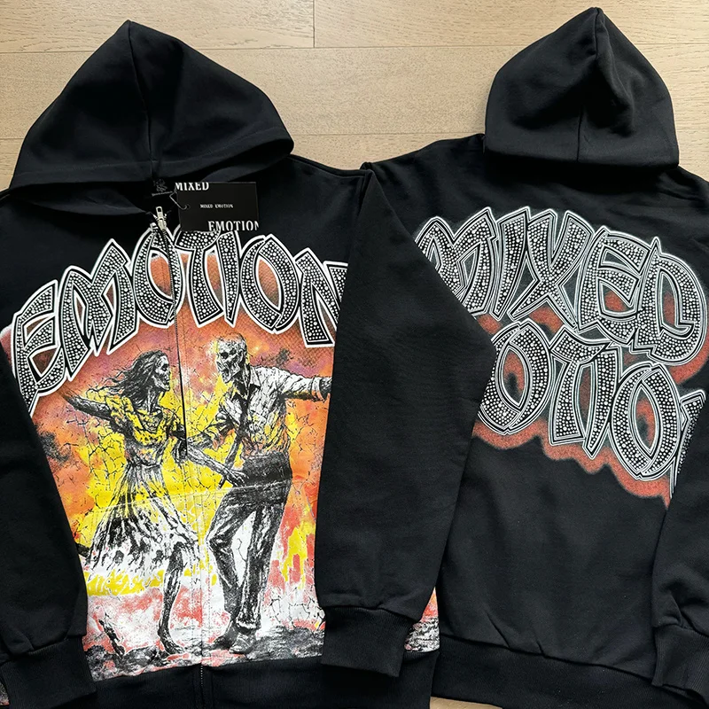 

Американский худи на молнии из чистого хлопка с принтом «Смешанные эмоции», черепом и стразами, в стиле ретро хип-хоп, повседневный, свободного кроя