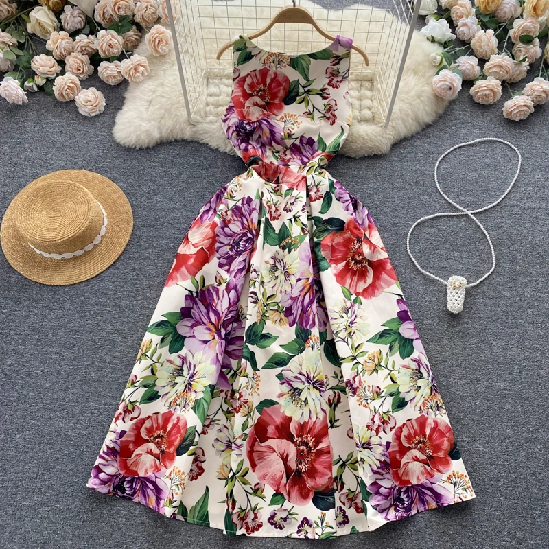 Vestido Midi sin mangas para mujer, traje elegante con estampado Floral, cuello redondo, fruncido, largo, verano, 2024