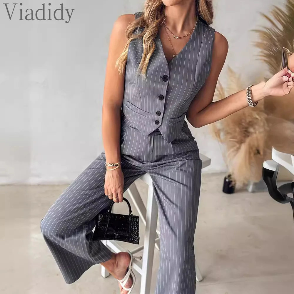 Women Elegant Casual Striped Print Sleeveless Button Front Vest Top and High Waist Straight Leg Pants 2pcs Set