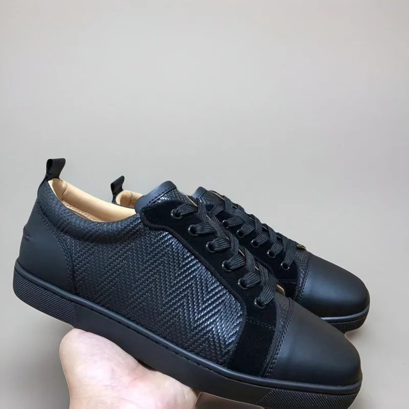 Fashion Luxury Brand Low Top Red Bottom Shoes For Men Trainers Driving Spiked Black Weave Genuine Leather Rivets Flats Sneaker