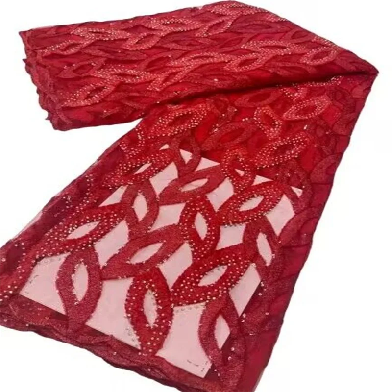 

Red High Quality African Lace Fabric Stones Lace Fabric with Stones Embroidery Nigerian Tulle Mesh Lace Fabric for Sewing