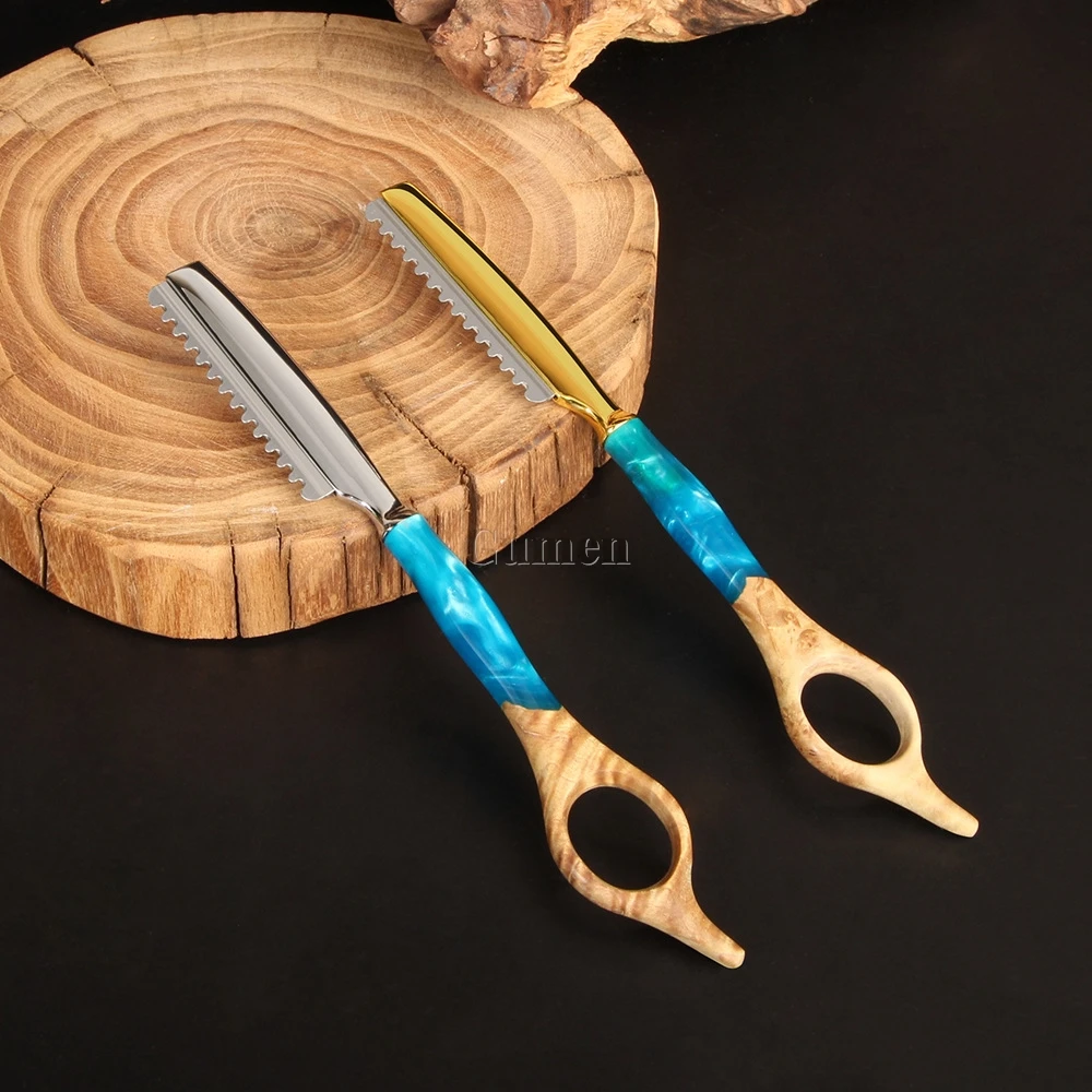 Pro Hair Cut Razor Hair Cutting Thinning Knife Beard Sharp Barber Razor Blade Japanese Resin Solid Wood Salon Tools Dropshipping