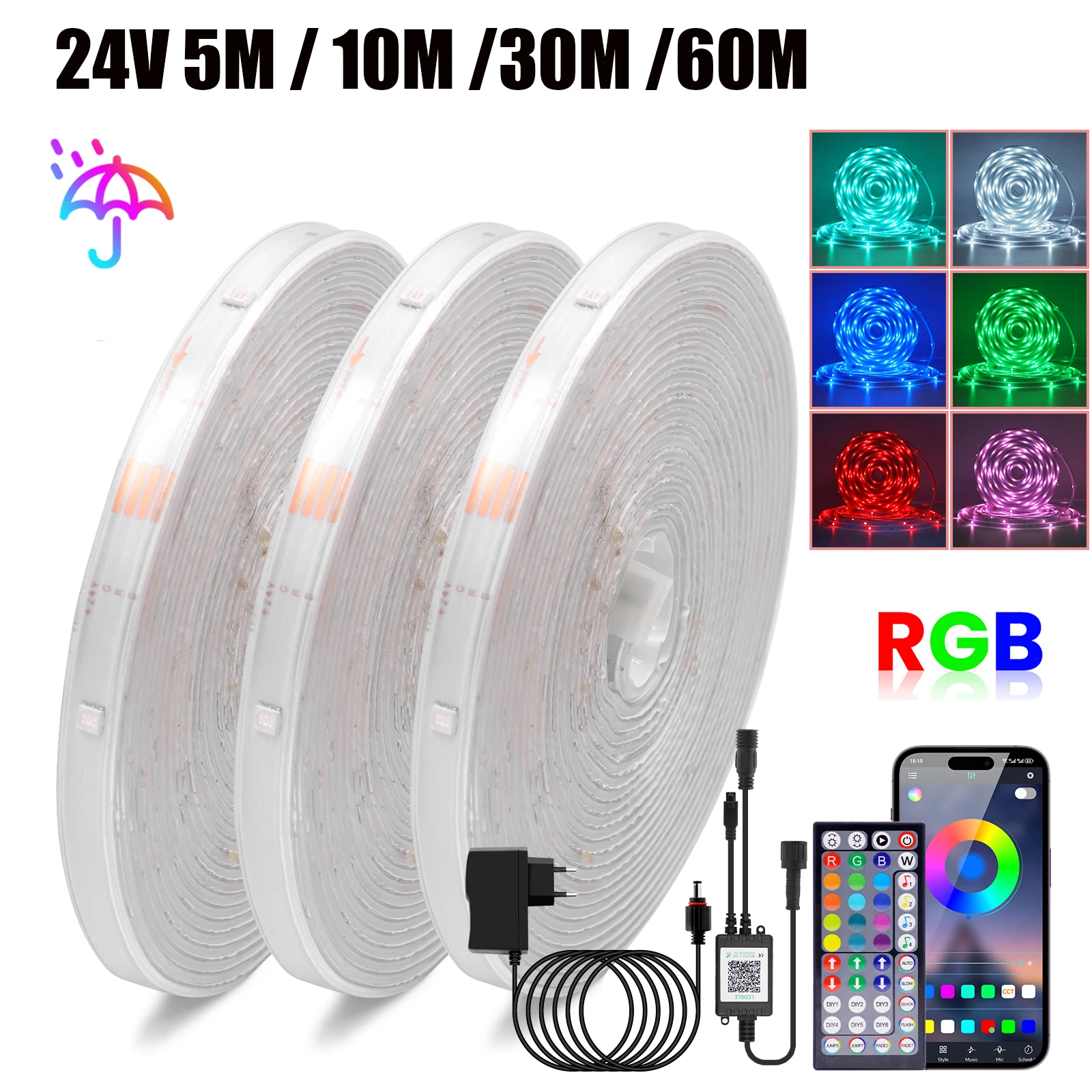 DC 24V Bluetooth APP Control RGB LED Strip 5M 30M 60M IP67 Waterproof Outdoor Garden Home Decor Flexible Ribbon Led Tape Diode