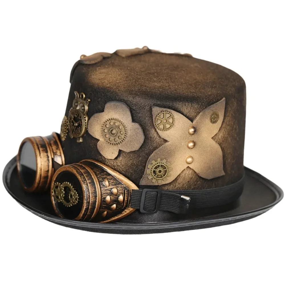 Steampunk Top Hat with Goggles Flower Gear Headpiece, Victorian Gothic Costume Hat for Men Women
