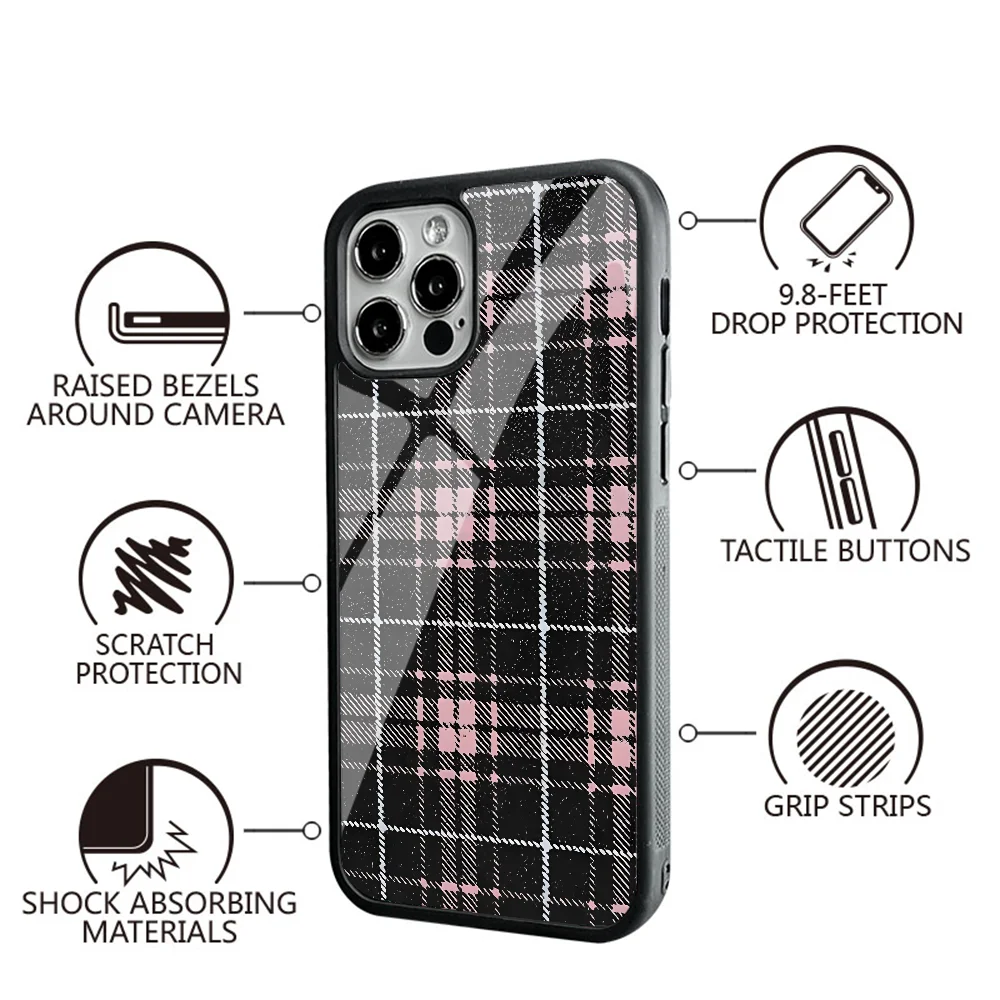 Pink Tartan Phone Case For IPhone 11 12 13 14 15 Plus Pro Max Mirror Acrylic PC TPU Cover