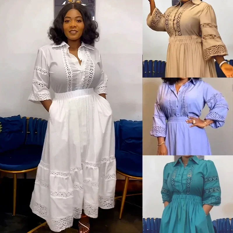

2 Piece African Clothes for Women Summer Elegant African 3/4 Sleeve Lace Polyester Top Long Skirt Matching Sets Africa Clothing