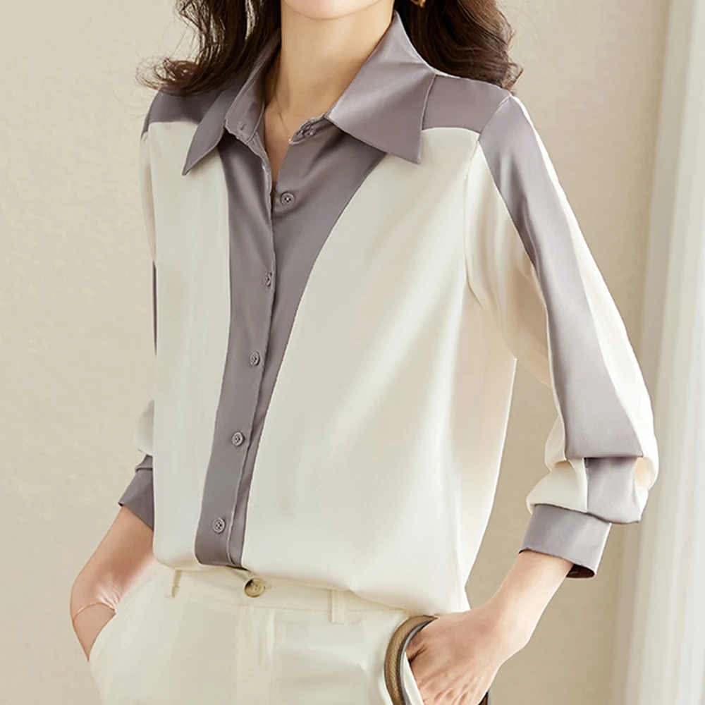 New Fashion Elegant Office Lady Satin Shirts Stylish Color Patchwork All-match Shirt Women Blouses Long Sleeve Tops Female Mujer