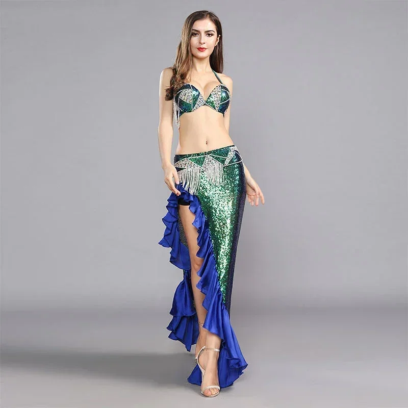 Women Belly Dance Costume Set Sequin Fishtail Dress Bellydance Training Clothes Long Split Skirt Suit 3pcs Top Bra Belt Skirt