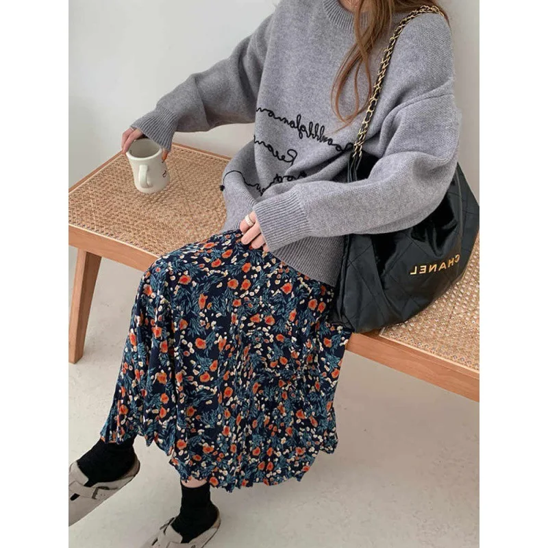 Vintage Blue Flower Print Skirt for Women Summer New High Waist A-line Skirts Lazy All-match Mid-length Loose Faldas Mujer