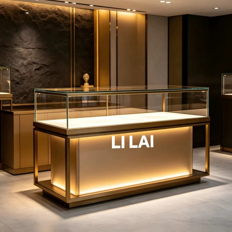 custom.Hot Sale High Quality Heavy Duty Stainless Steel & Aluminum LED Light Jewelry Display Showcase Countertop