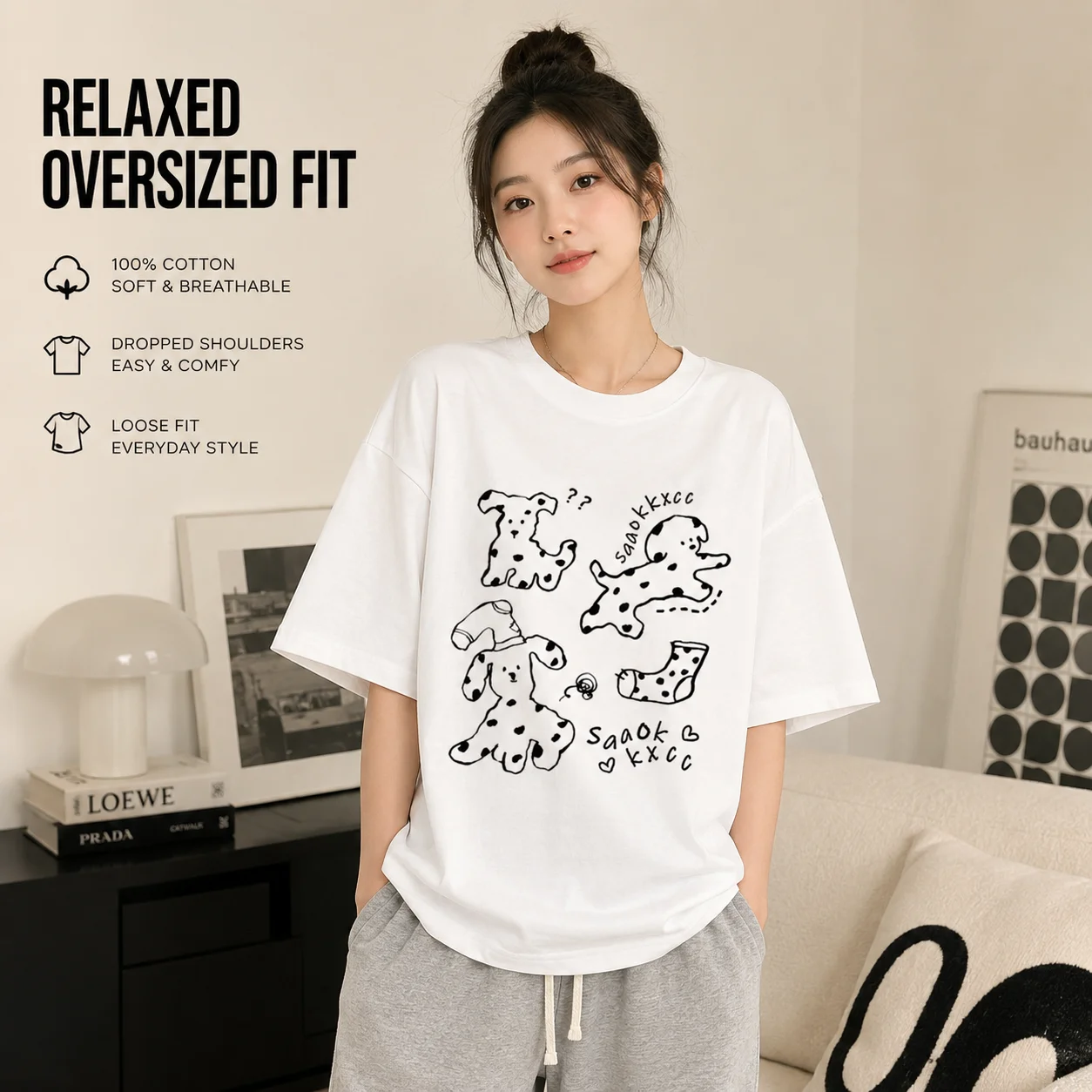 Women Oversized Cartoon Dog Graphic T Shirt Cotton Loose Crew Neck Short Sleeve Casual Summer Tee Plus Size M-3XL