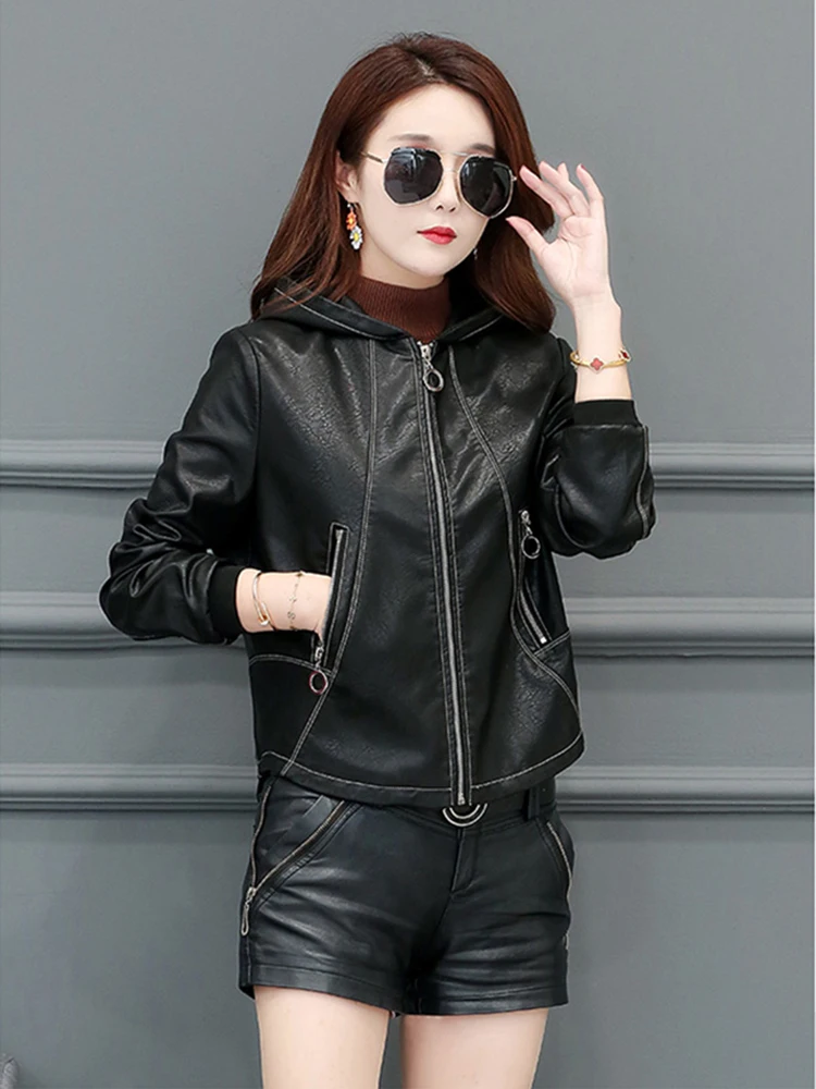 New Women Hooded Leather Jacket Spring Autumn Casual Fashion Long Sleeve Loose Split Leather Outerwear Short Sheepskin Tops Coat