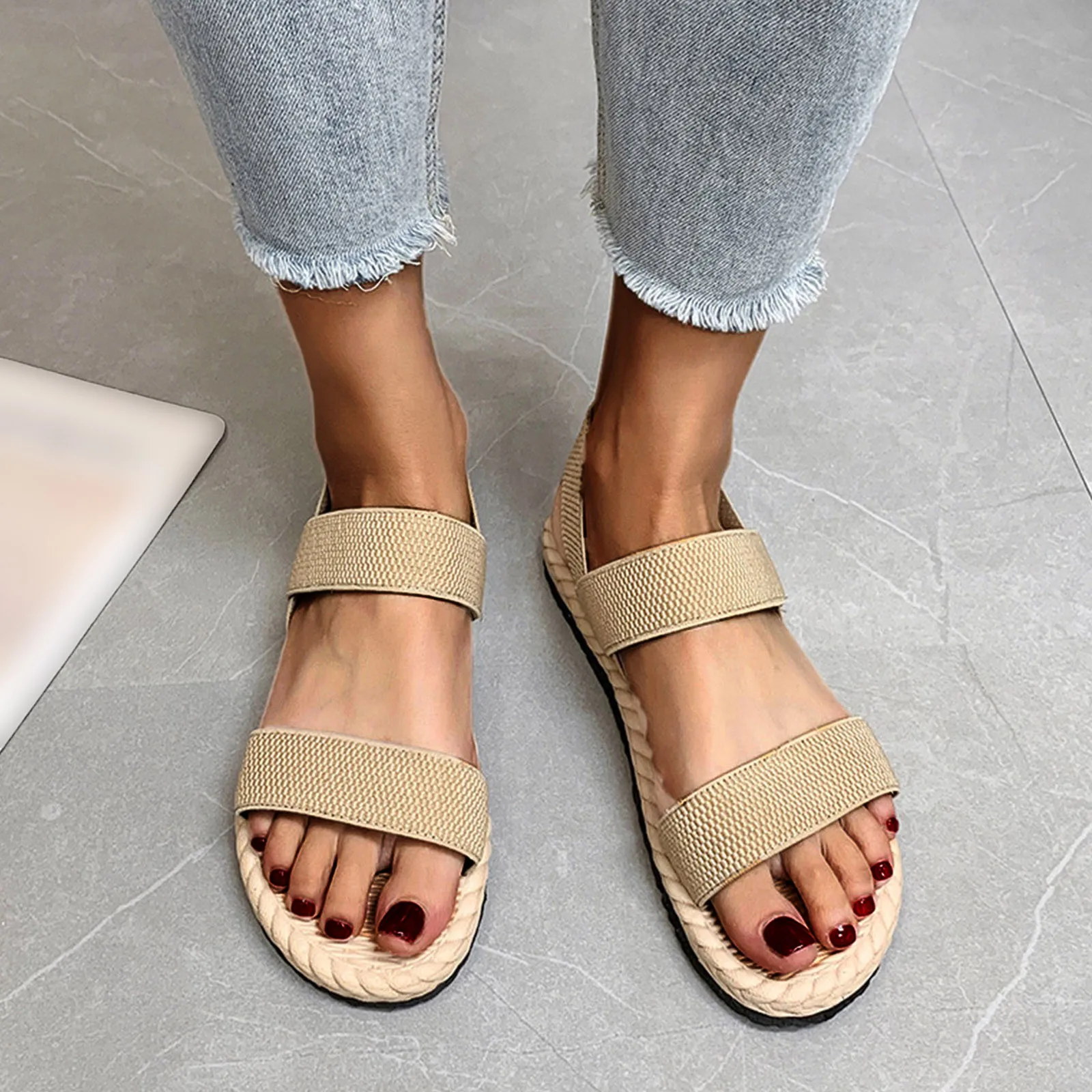 Summer Simple Sandals Solid Color Elastic Strap Open Toe Flat Bottom Outside Straw Linen Roman Shoes Plus Size Women\'s Sandals