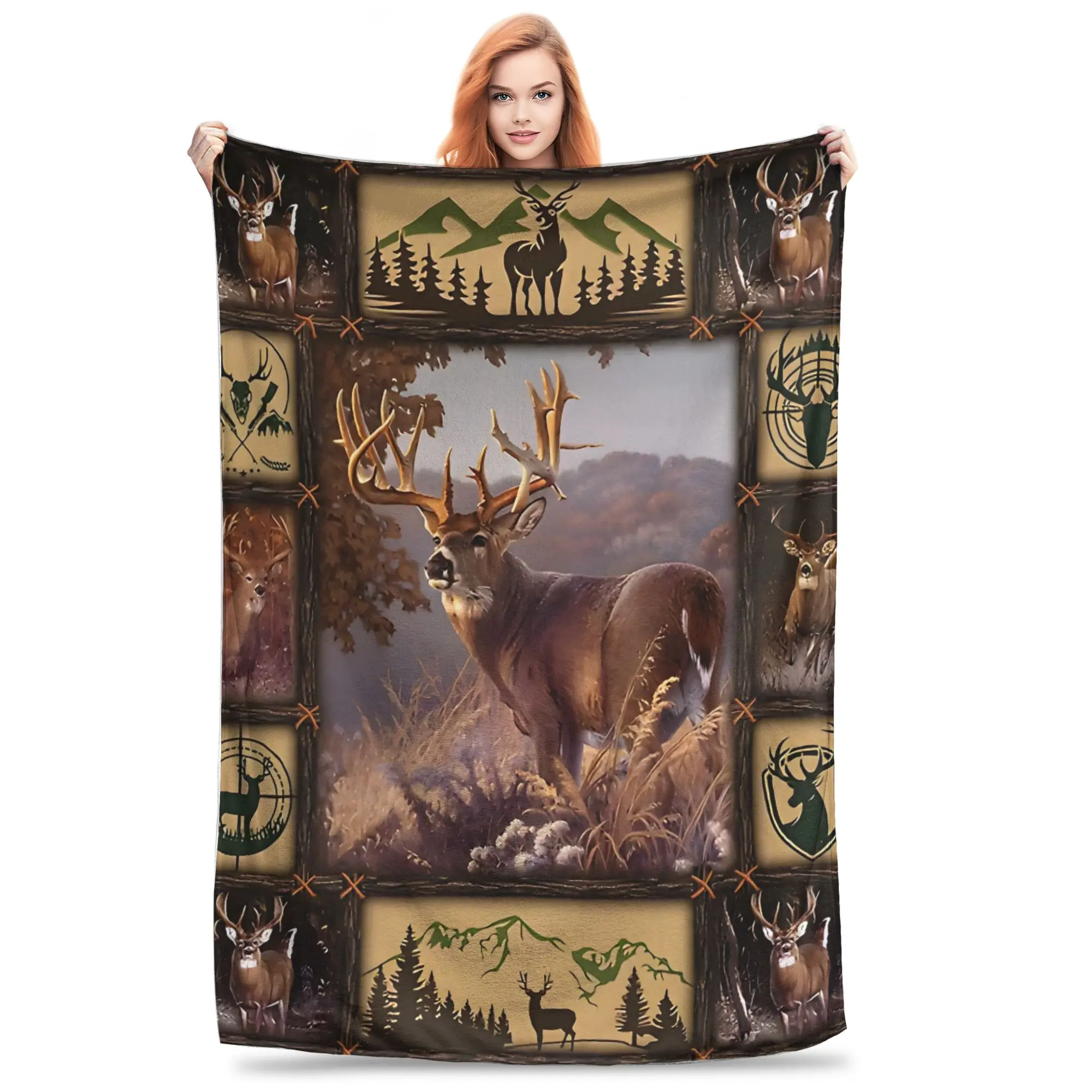 1PC Home Cutecore Deer Hunting Quilt Blanket   Blanket Super Cosy Plush Home Living Room Sofa halloween