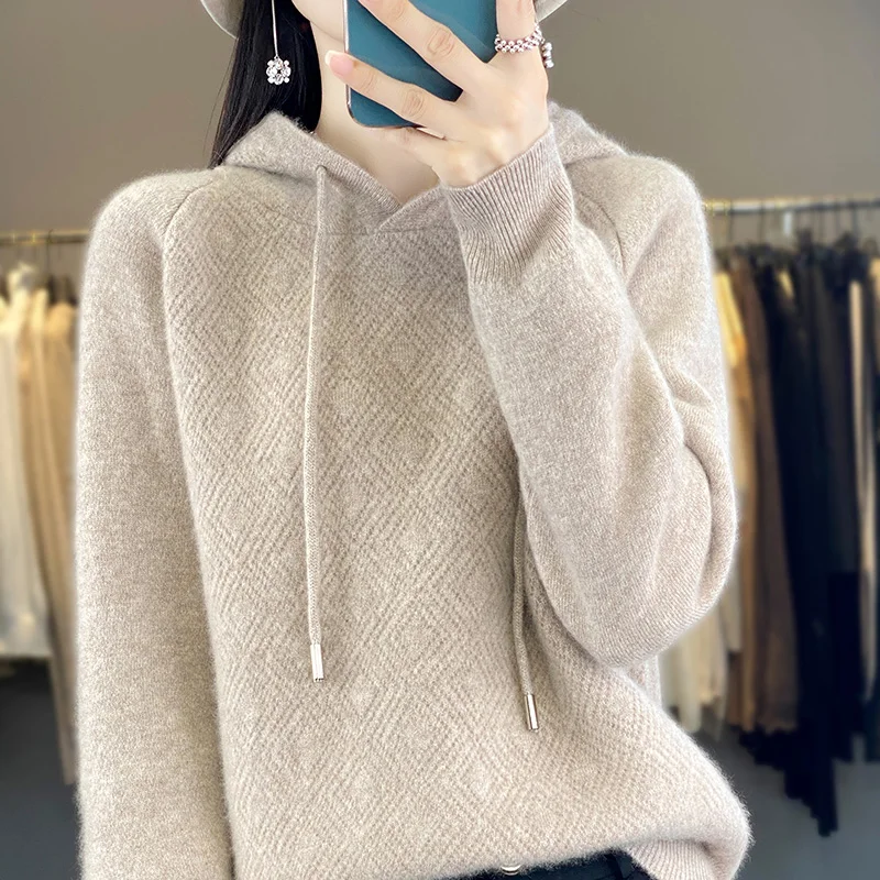 

Women's Soft Wool Sweater Hooded Collar Diamond Grid Thickened Pullover Autumn Winter Casual Basis Top Cashmere Female Knitwear