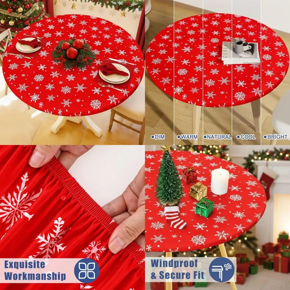

Christmas Stretch Tablecloth with Snowflakes, Elastic for 57-68 Tables, Waterproof and Washable for Holiday Dining