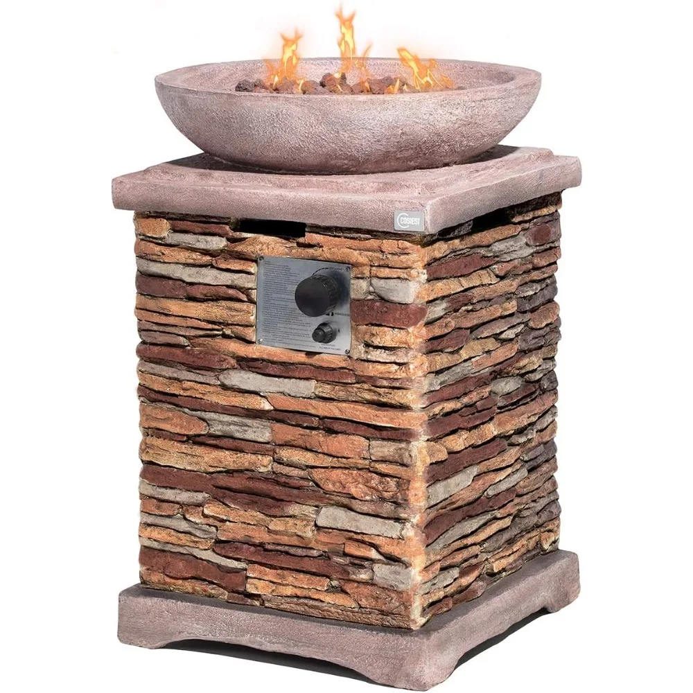 

Cozy Outdoor Propane Fire Pit with Faux Brown Ledge Stone Base and Faux Rose-Marble Bowl