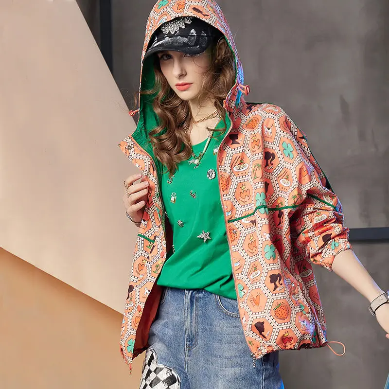 Hooded Jacket For Women In Spring And Summer 2024 New Fashion Color Matching Printed Top Trend