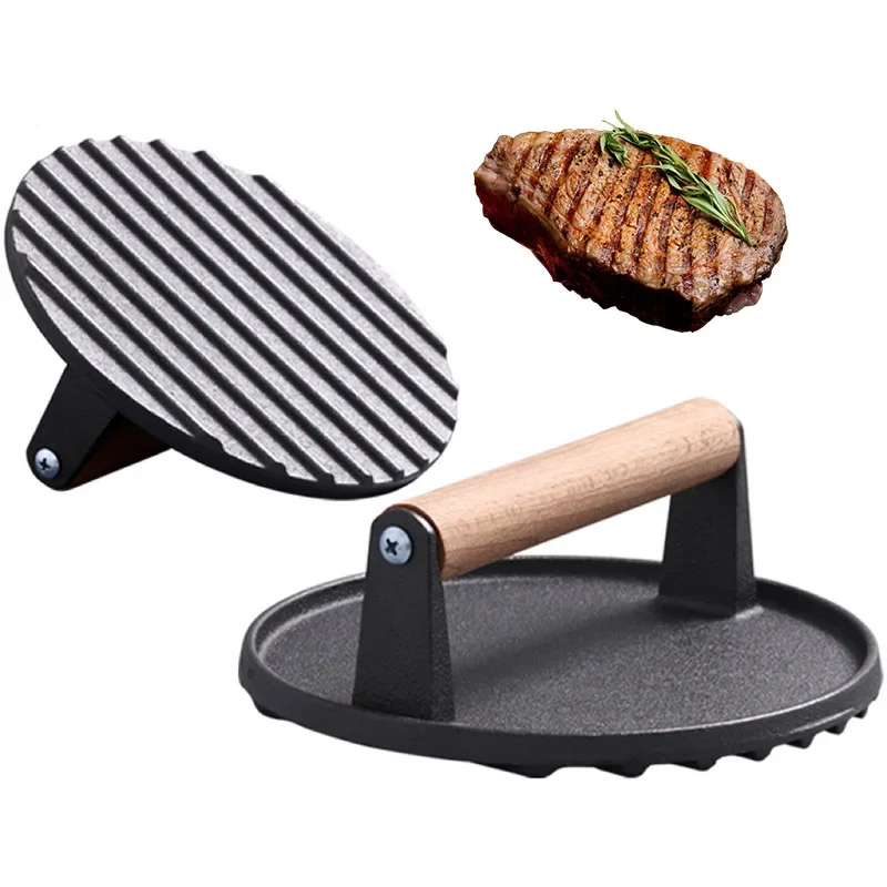 

JJTHNCR 1PC Round Steak Pressing Plate Cast Iron Hamburger Meat Press Tool Steak Plate Wooden Handle Kitchen Barbecue Teppanyaki