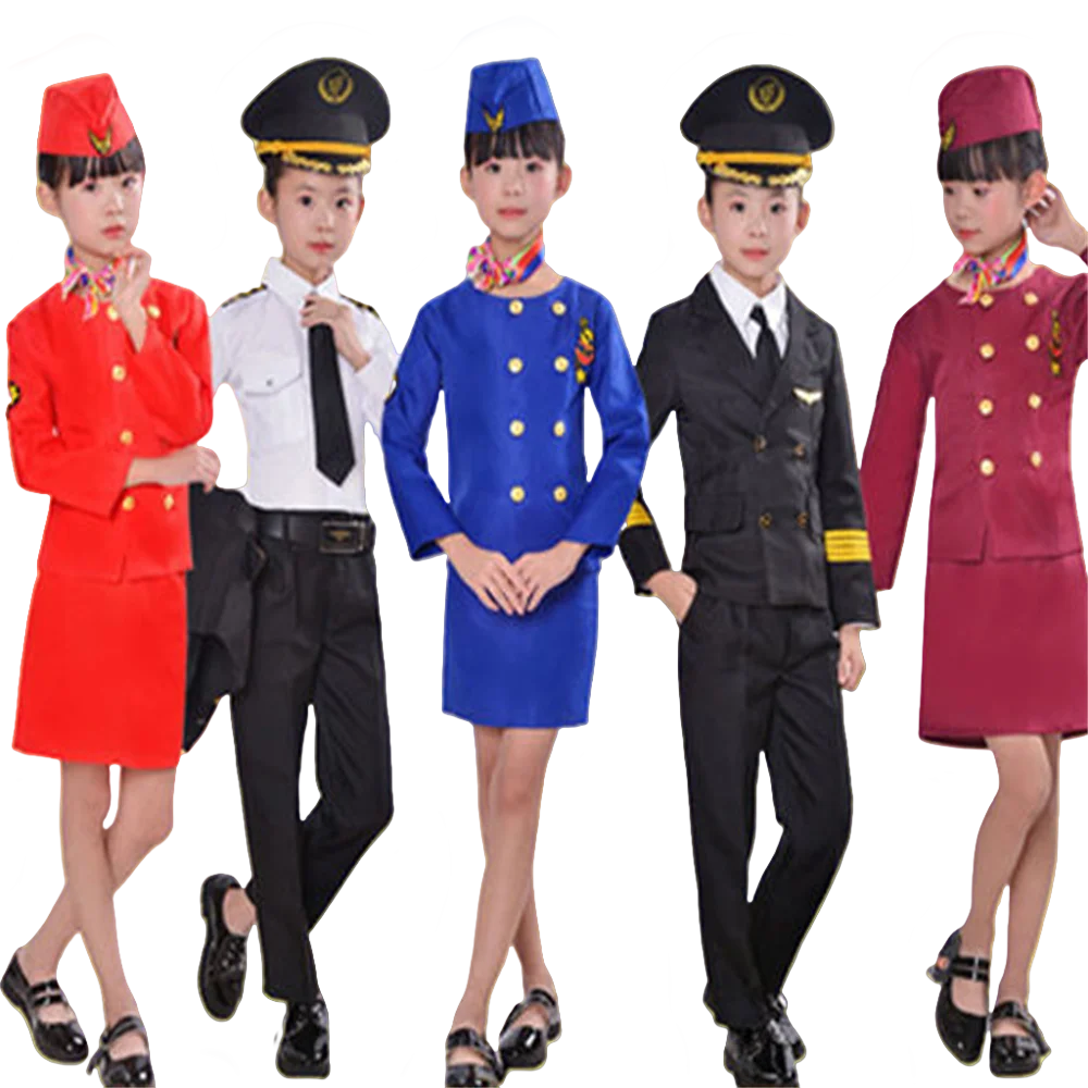 new Kids 90-160cm Aircraft Cosplay Costume Halloween Party Stewardess Suit Fancy Pilot Uniforms Girls Performance Clothing Set