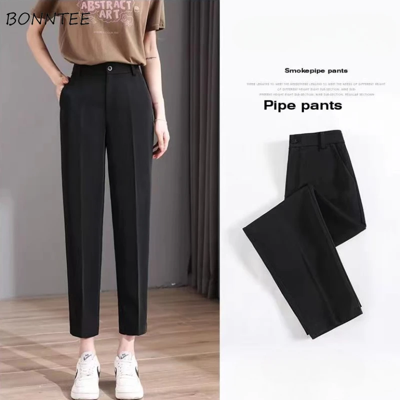 Solid Straight Pants Women Spring Leisure Office Lady Korean Style High Waist Pockets Zipper Slim Comfortable All-match Simple