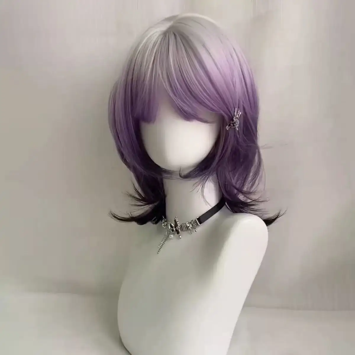 Synthetic Gradient Purple Black Medium Straight Jellyfish Wig with Bangs Natural Layered Wig Suitable for Women Daily Party
