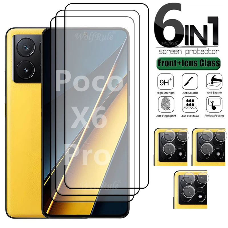 6-in-1 For Poco X6 Pro Glass Poco X6 Pro Tempered Glass Full Glue 9H HD Cover Screen Protector Xiaomi Poco X6 X 6 Pro Lens Glass