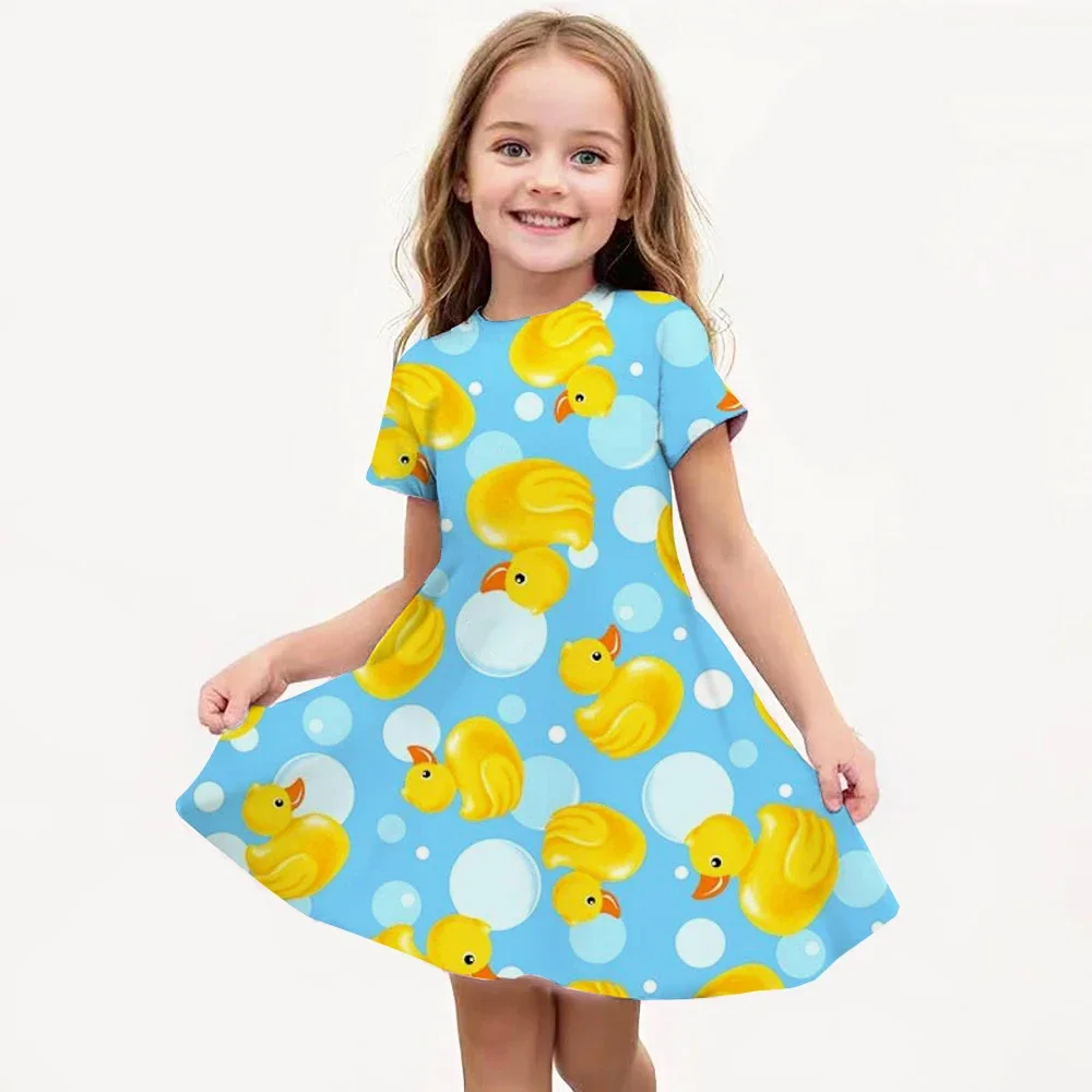 MINISO Summer Girls Cartoon Yellow Duck Dress Fashion Dress Kids Daily Casual Stylish Short Sleeve Clothing Cute Streetwear