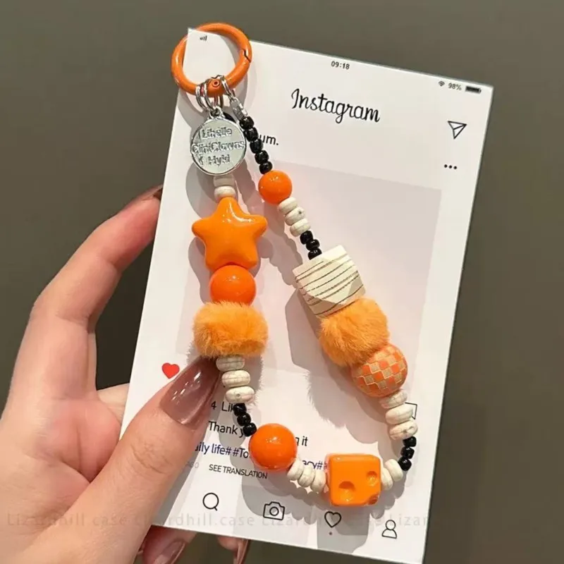 

Cute Beaded Phone Charm Bracelet Soft Fluffy Ball Star Pendant Wrist Strap Anti-Lost Detachable for iPhone Samsung Women Girls