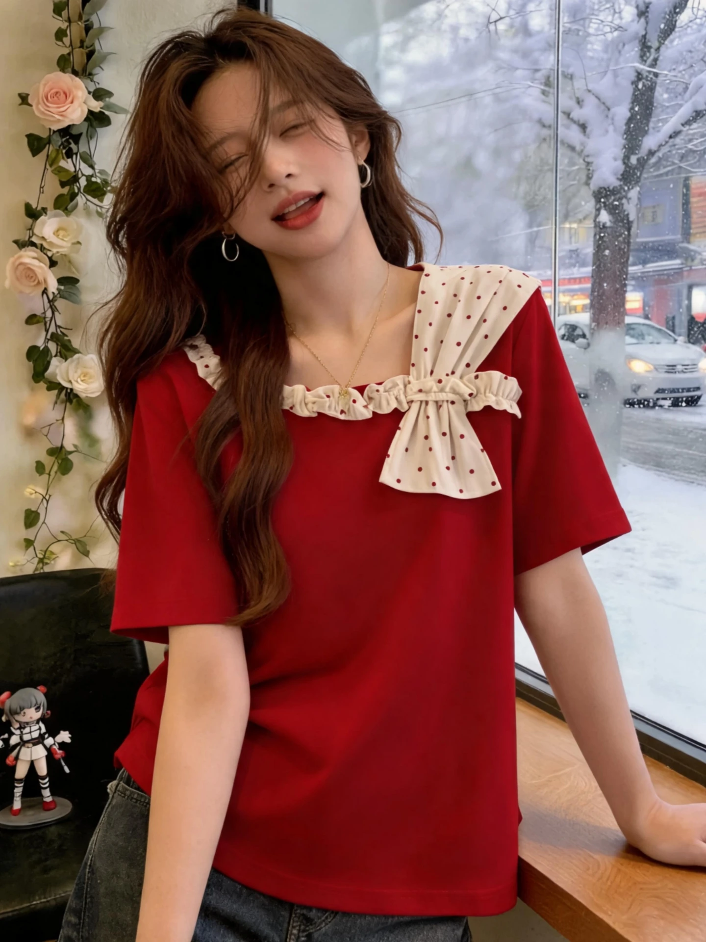 

Red Asymmetrical Collar Short Sleeve T-Shirt Base Shirt Women Summer 2026 plus Size Flattering Slimming Youthful Top