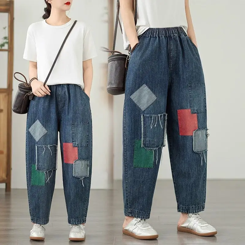 

2025 SS Luxury Large Size Printed Denim Pants Women's Lightweight Dad Jeans High-End Casual Harem Loose Fit Spring Summer G722