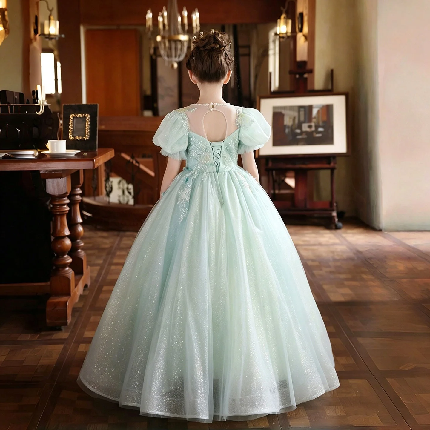 Girls Dress Light Blue Colorful Appliques Wedding Guest Clothes Sweet Puff Sleeve Kids Princess Gown Stage Performance Wear