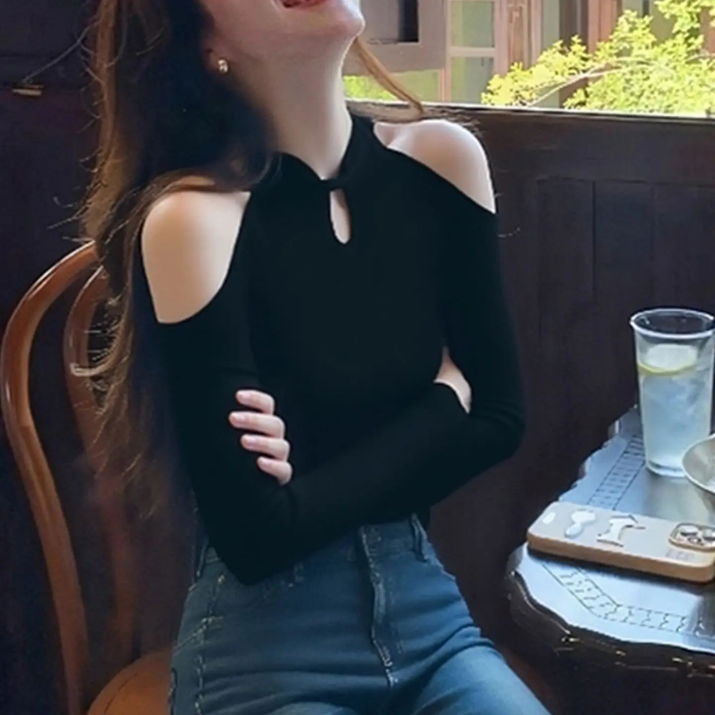 Women Korean Style Off Shoulder Top Black Frog Button Slim Fit Long Sleeve Fall Elegant Aesthetic Tee