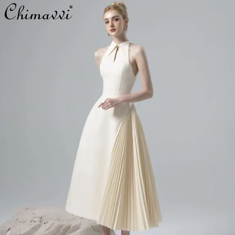 Spring Summer Vietnam Niche Design High Sense Asymmetrical Temperament Pleated Pendulum Solid Color Pointed Neck Dress For Women