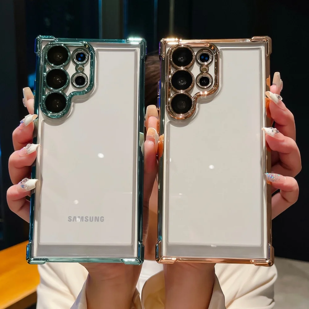 حافظة مطلية فاخرة لهاتف سامسونج جالاكسي S26 Edge S25 S24 S23 S22 Ultra Plus FE A56 A53 A35 غطاء حماية عدسة شفافة مقاومة للصدمات