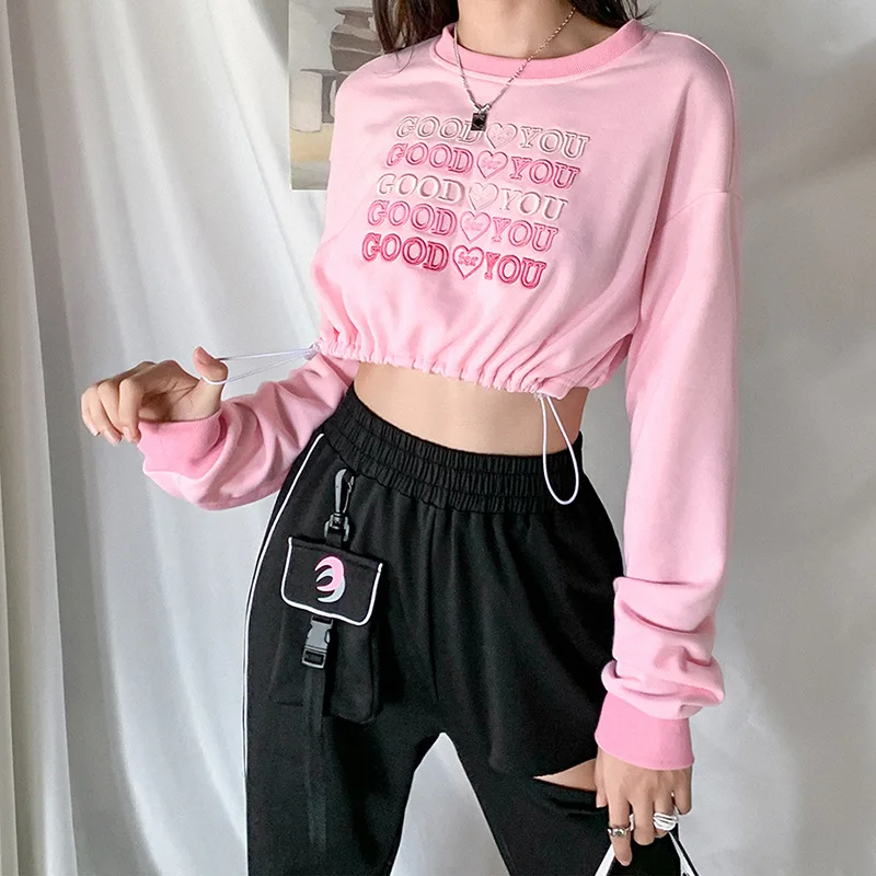 

2024 Women Fashion Long Sleeve Sweet Pink Letter Embroidery All-Match Tops Female Fall Stylish Drawstring Crop Top for Ladies