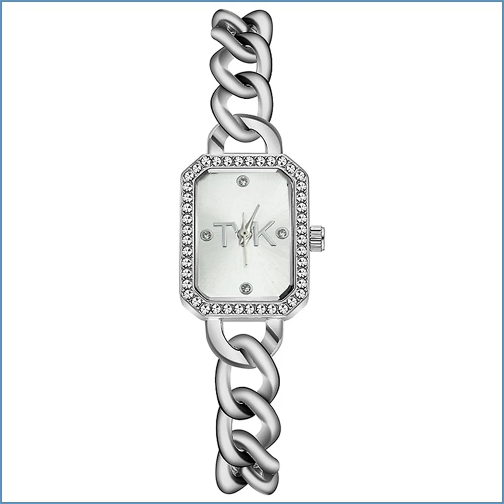 TVK Brand Women's Square Diamonds Simple Design Quartz Watch Fashion Silver Bracelet Ladies Dress Clock Gift Wristwatch