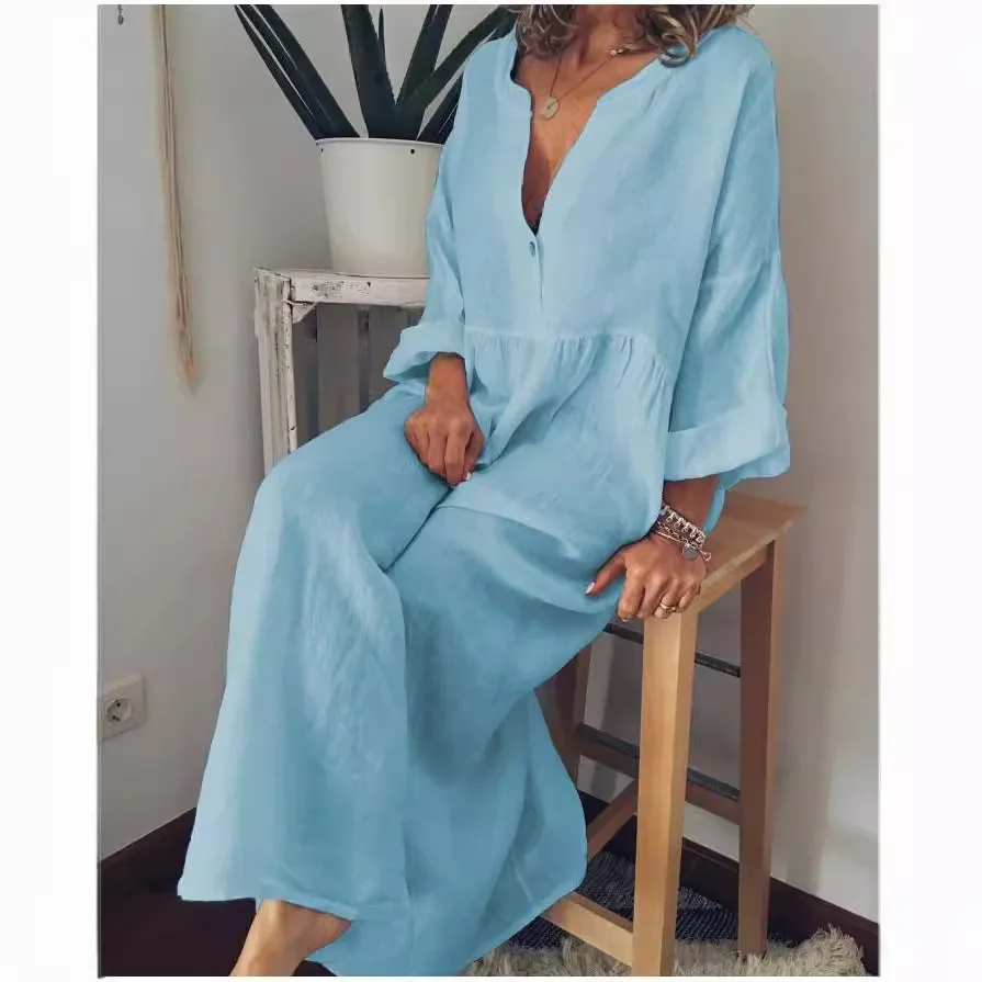 2025 Early Autumn Women's Elegant Solid Color Long Sleeve V-neck Fashionable Long Dress Women's Casual Retro Women's Long Dress