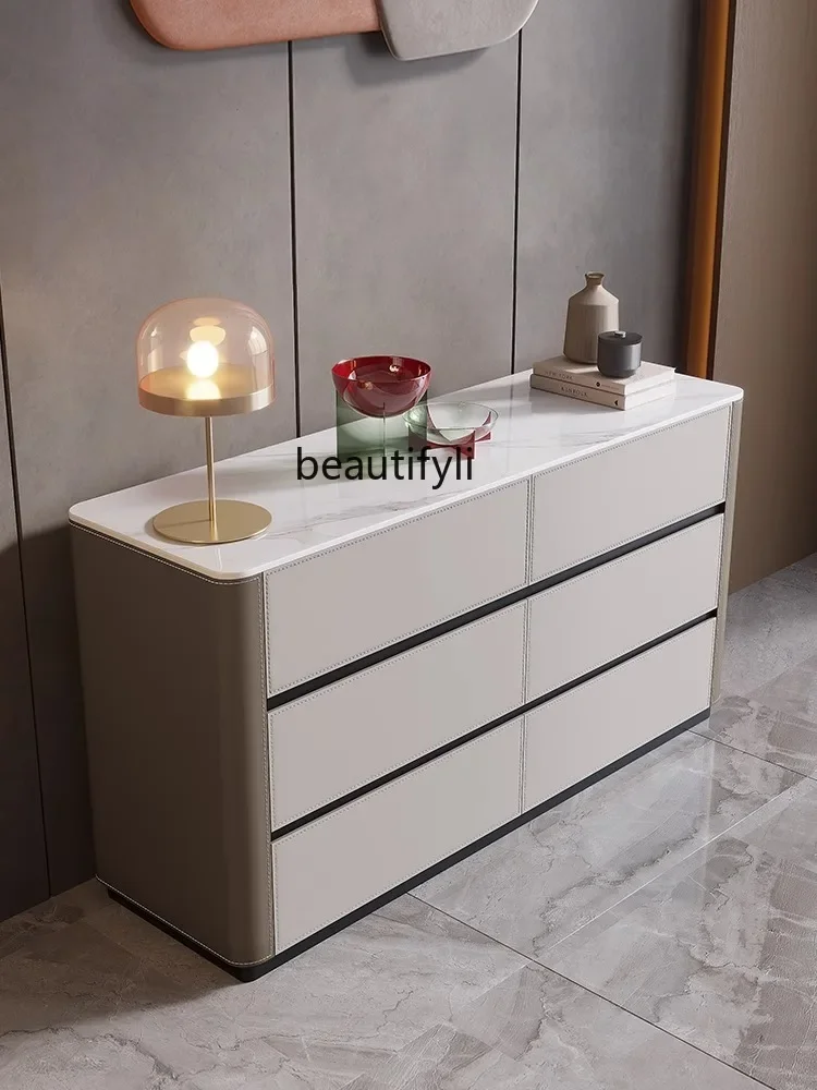 

zxqLight luxury saddle leather sideboard modern simple living room solid wood storage cabinet bedroom tall floor-standing