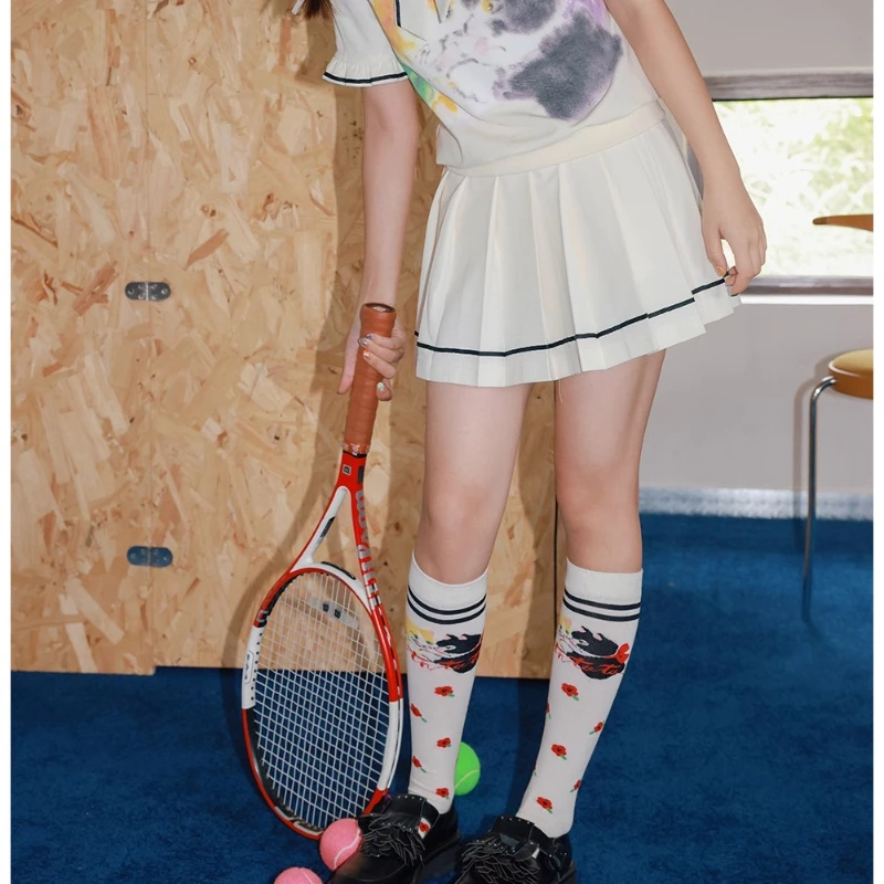 Japanese Design White Cute Animal Floral Women's Calf Socks Autumn New Sports Playful Versatile Cute Mid-Calf Hosiery Ladies