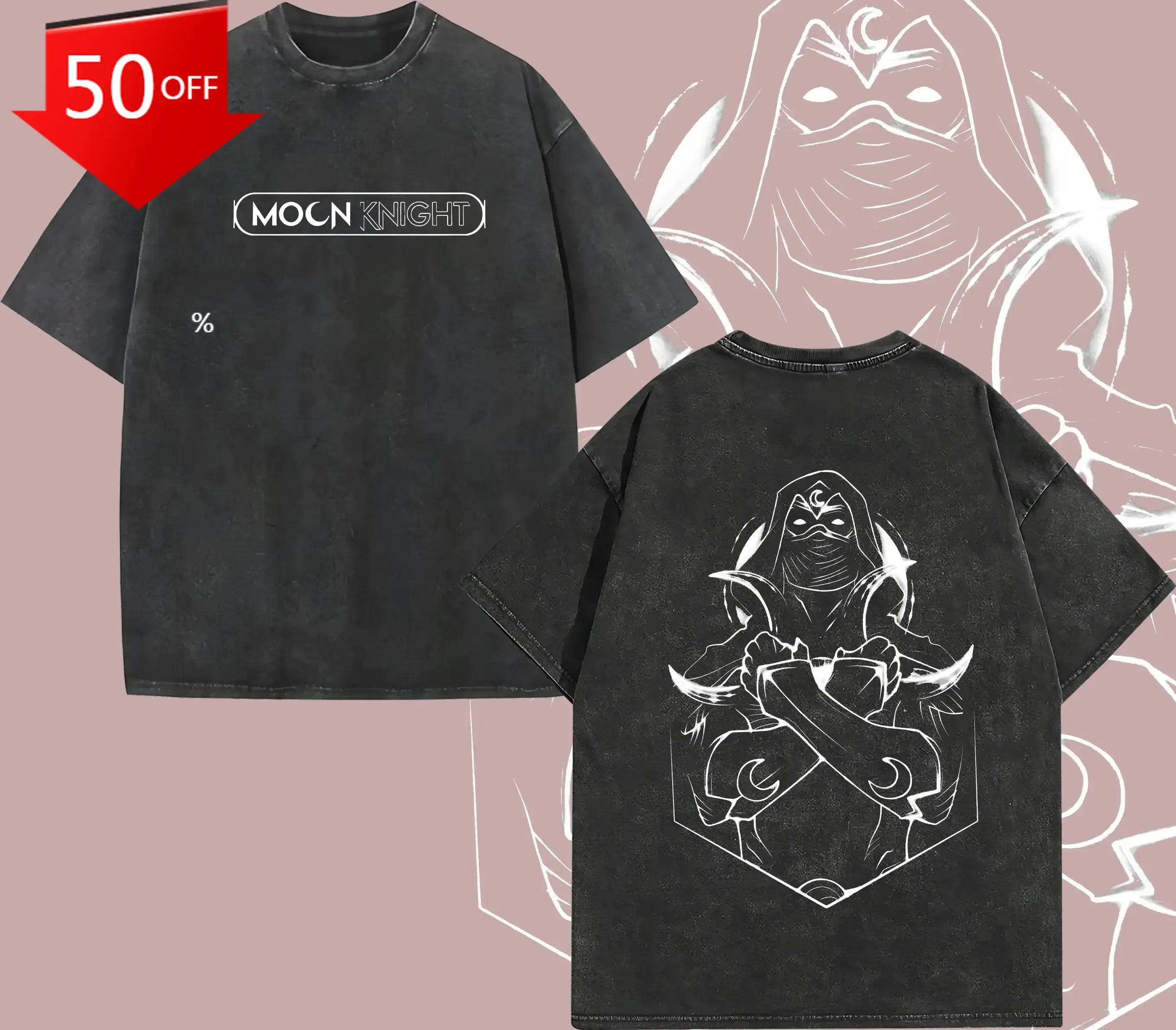 

Marvel Superstyle Moon Knight "Fist of Khonshu" MCU Comic Double Printed Oversize Lightweight Acid Washed Tee Graphic Top Cot