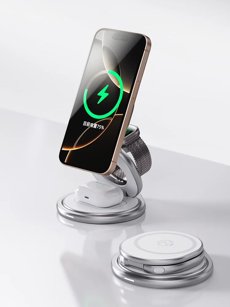 Qi2.2 3-in-1 metalen magnetische draadloze oplader 25W snellaadstation 360 °   Rotatie opvouwbaar voor iPhone 17 16 15 Bekijk Airpods - afbeelding 2