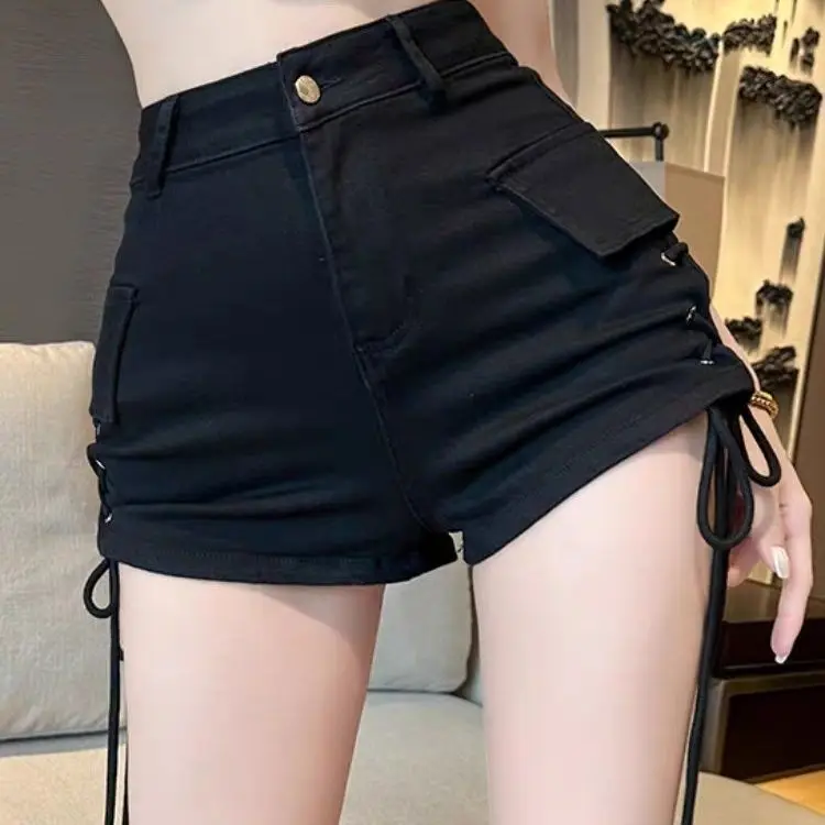 2025, Sommer, neu, modisch, Spitzenband, sanft, lässig, Denim, niedrige Taille, Schwarz, für Damen, neue enge, schlanke Hottie-Shorts Wh10