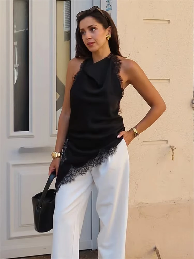MUJER Schwarze Spitzenoberteile für Damen, asymmetrisches Neckholder-Damenoberteil, sexy rückenfreies Satin-Top, schulterfreies Leibchen-Top für Damen