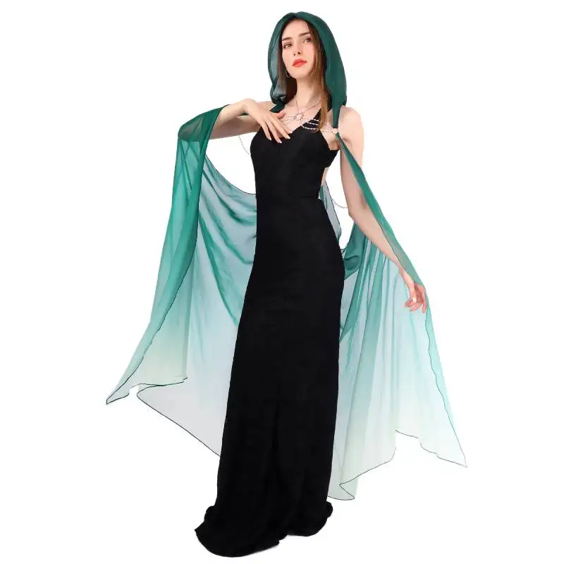 WENAM Hooded Cape for Women Elf Full Length Tulle Gothic Bridal Cloak Off Shoulder Capelet Fantasy Chiffon Chian Cape with Hood