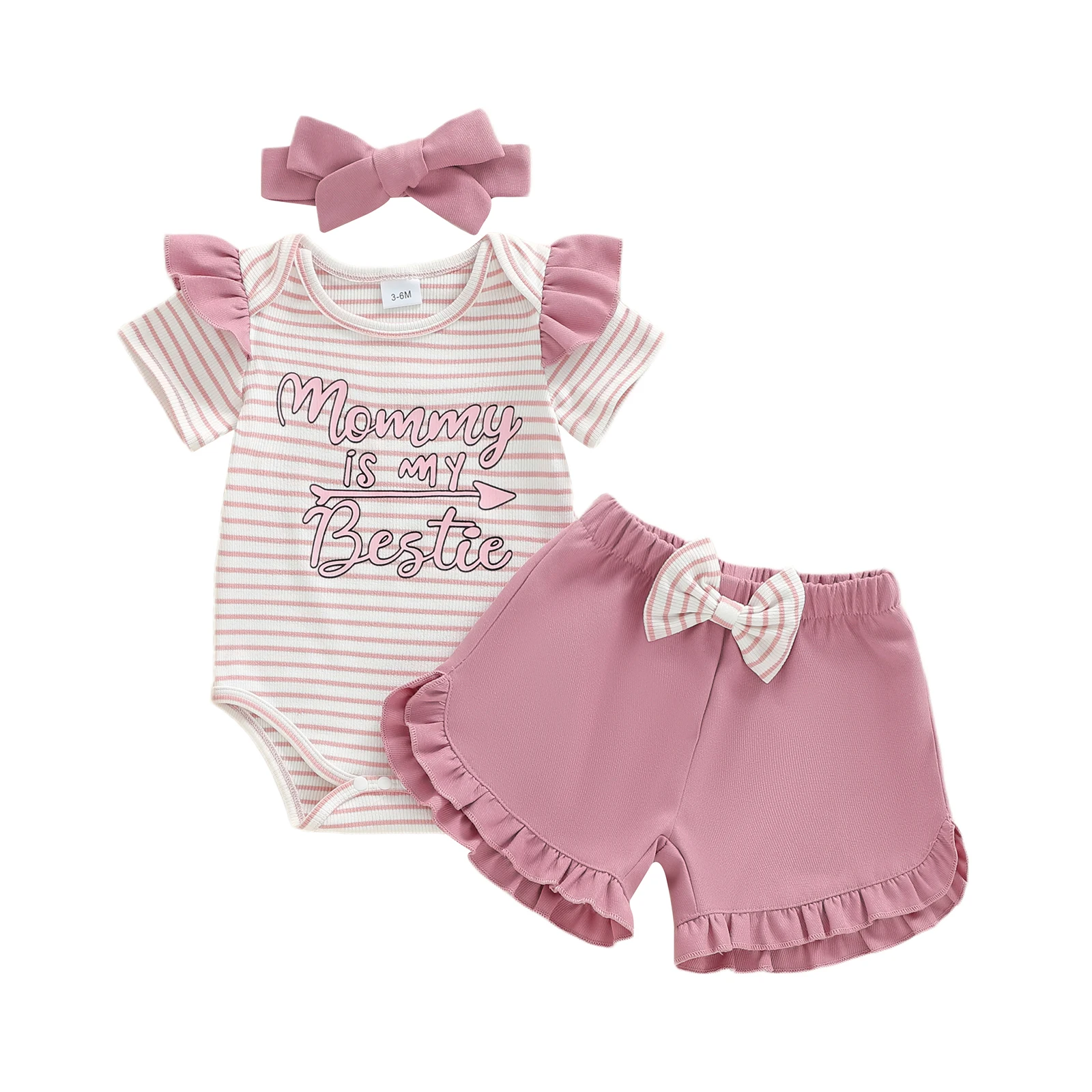 

Летние комплекты из трех предметов для маленьких девочек, комбинезон в полоску с короткими рукавами и круглым вырезом, шорты с рюшами, комплект с повязкой на голову